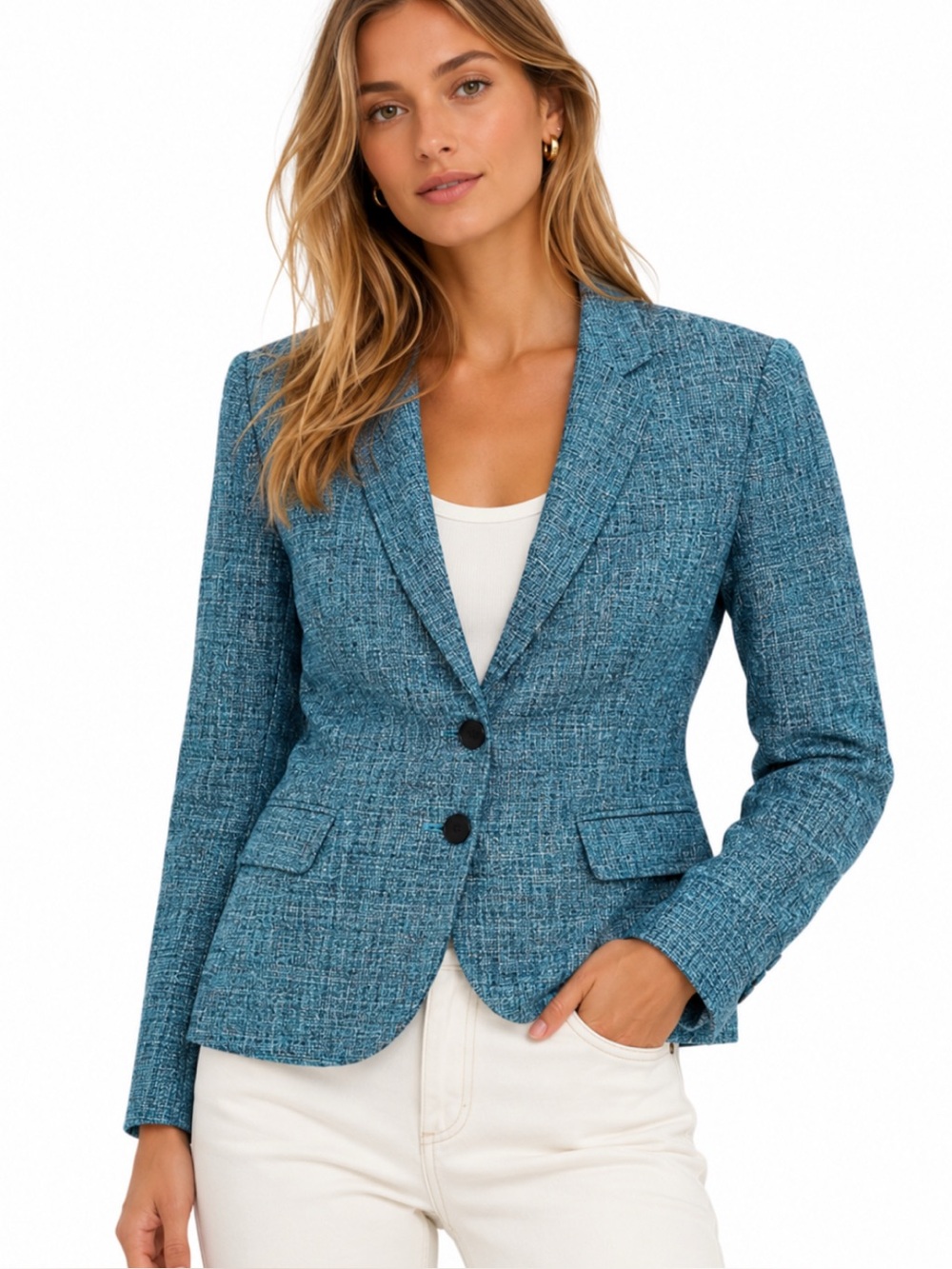 Rag & Bone Teal Tweed Linen Blend Silk Lined Single Breasted Business Blazer